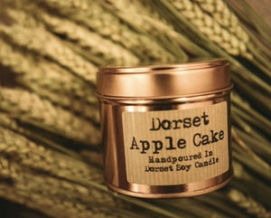 Dorset Apple Cake - The Rhubarb Candle Company Soy Candle in  copper or silver Tin, Vegan, Cruelty free product. All the labels are vegan friendly. Long lasting candle made in our countryside kitchen in Dorset. Made in small batches and fully CLP compliant. Candles weight is approximately 200g and has a minimum burn time of 36 hours. Made by The Rhubarb Candle Company 