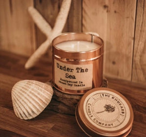 Under The Sea - The Rhubarb Candle Company Soy Candle in  copper or silver Tin, Vegan, Cruelty free product. All the labels are vegan friendly. Long lasting candle made in our countryside kitchen in Dorset. Made in small batches and fully CLP compliant. Candles weight is approximately 200g and has a minimum burn time of 36 hours. Made by The Rhubarb Candle Company 
